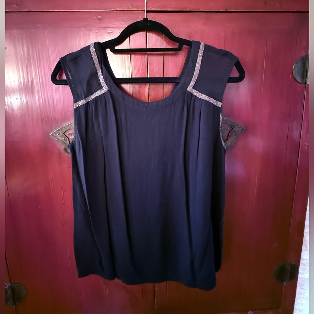 Color Block Blouse Sleeveless Black with Gold and Sheer Accents at Shoulder EUC